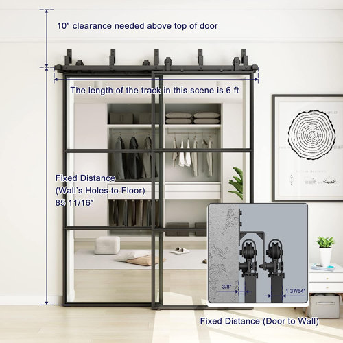 JUBEST Bypass Clear Glass Barn Door with Double Hardware Kit and Soft